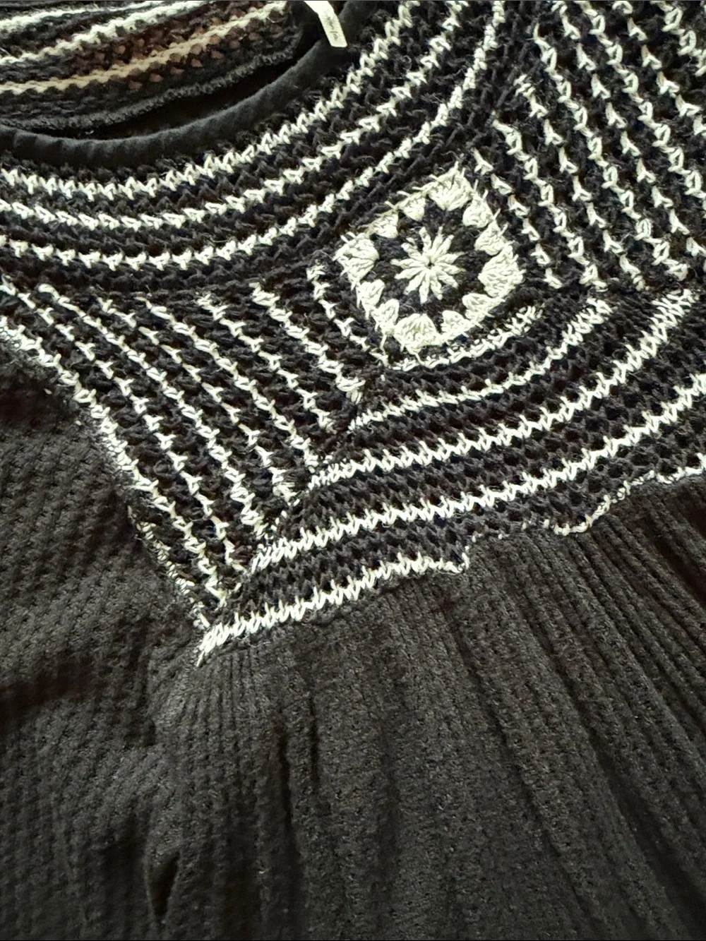 Free People Black Waffle Knit Tunic with Cream Contrast Yoke